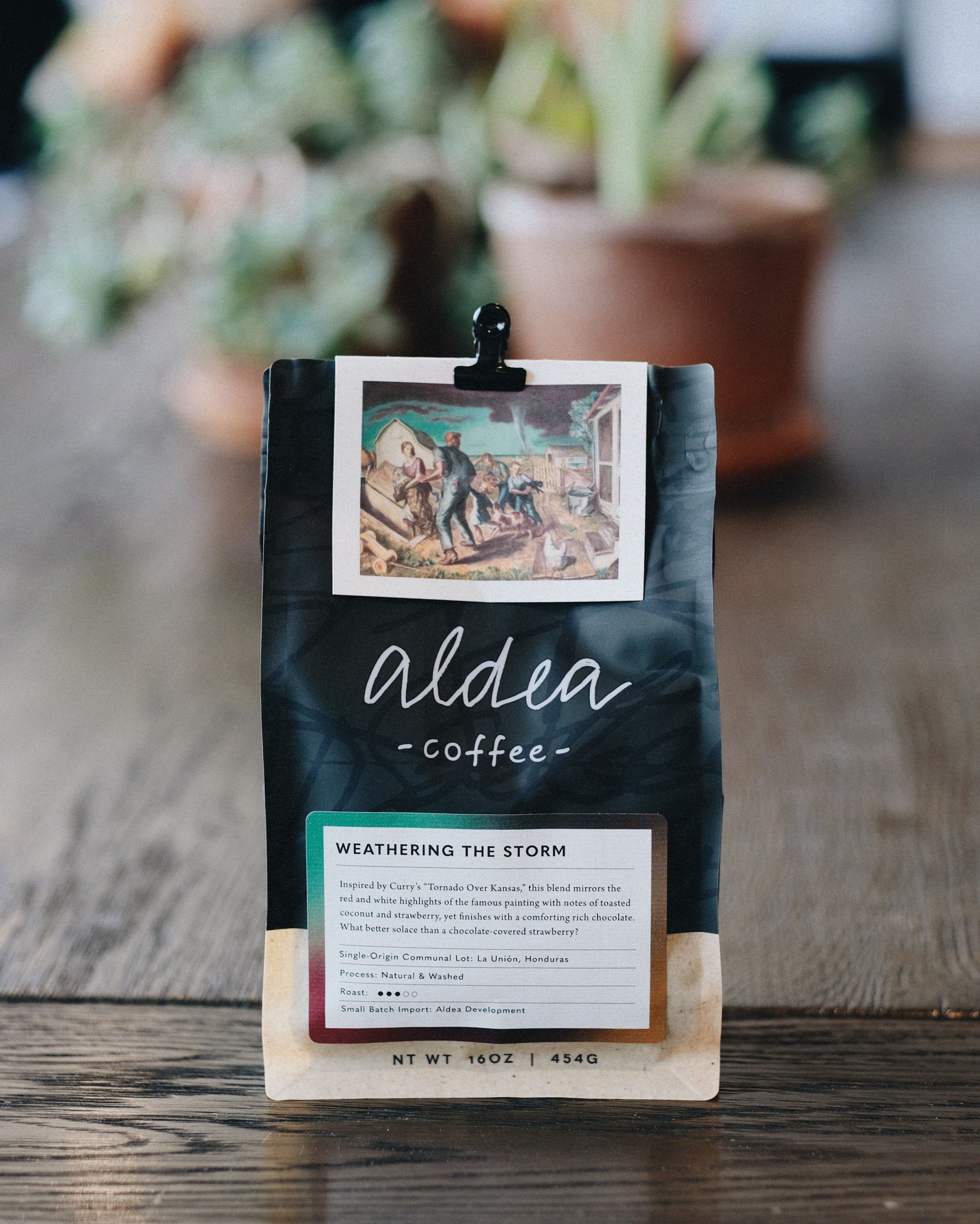 Bag of Aldea Coffee featuring the text: Weathering The Storm"